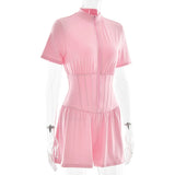 FDYOUI New 2026 Summer Zip-up Corset Playsuits Women Casual Short Sleeve Sports Fitness Overalls One Piece Tunics Yoga Bodysuit