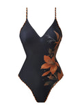 Vintage Black Floral Print Swimwear Women Mesh Tassel Skirt Sets V Neck Slimming Bathing Suit Holiday One Piece Swimsuit 2026
