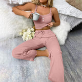 Women Ribbed Pajama Set Lace Trim Camisole Top & Drawstring Pants Sexy Sleepwear Autumn Soft Lounge Homewear