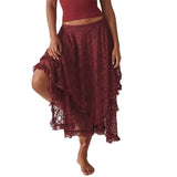 Women's Solid Color Midi Skirts Lace Elastic High Waist Skirts Spring Summer Sweet Irregular Hem Casual Skirts
