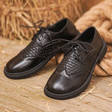 Fashion Woven Low Heel Pu Leather Shoes Women British Style Round Toe Lace Up Oxford Shoes Woman Plus Size 42 Breathable Flats
