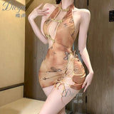 Butterfly Printed Dream Ancient Style Hollow Out Cheongsam Transparent Dress Charming Sleeveless Hanging Neck Pure Desire UQ9G