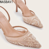 Brand Lace Designer White Women Wedding Pumps Mesh Embroidered Flowers Back Strap Sexy Slingback High Heels Dress Shoes Ladies