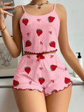 Camisole Strawberry Printing Casual Vest Tops and Shorts 2 Pieces Pajamas Set Women's Summer Sleepwear Loungewear
