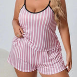 Plus Size Striped Women Pajama Set Sleeveless O Neck Top & Elastic Waist Shorts Heart Print 2 Pieces Female Sleepwear Nightwear
