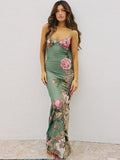 Floral Print Summer Green Dress Womens Fashion Casual Sleeveless V-neck Backless Tunics Bodycon Holiday Beach Dresses Streetwear