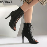 Plus Size Women Peep Toe Cutout Lace Up Ankle Boots with Side Zipper Stiletto High Heels Summer Hollow Out Short Booties