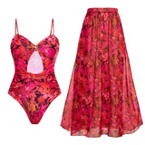 Floral Retro Printed Swimsuit with Cover up Women's Sexy Swimwear Bikini Female Bodysuit Bathingsuit Beachwear 2025