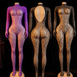 Hot Sexy Lingerie Erotic Crotchless Women Mesh Hollow Bodystockings Full Sleeve Leopard  Sling Hanging Neck Underwear Body Suits