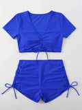 Sexy Drawstring Bikini Set 2026 Women Green Black Short Sleeve Two Piece Swimsuit Summer Bathing Suit Pleate High Waist Swimwear