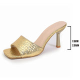 Snake Pattern Silver High Heeled Sandals Women Plus Size 42 Square Toe Pu Leather Sandles Woman Fashion Stiletto Heel Sandalias