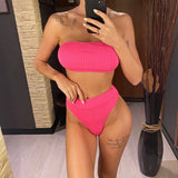 S - XL Bandeau Wrinkled Female Swimsuit High Waist Bikini Women Swimwear Two-Pieces Bikini Set Bather Bathing Suit Swim V5904