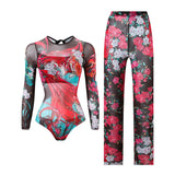 S - XXL New Printed Long Sleeve With Pants Women Swimwear One Piece Swimsuit Female Floral Padded Bather Bathing Suit Swim V7176