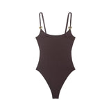 Black And Brown Spaghetti Strap Bodysuits With Rose Gold Button Decor Elegant Slim Fit Shapewear For Women Nightclub Wear 4UMT