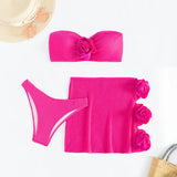 sexy 3D flower bandeau bikinis sets three pieces with flower hollow out mini skirt swimsuit bathing suit beach outfits biquini