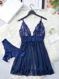 Transparent Blue Lingerie Women Underwear Sleepwear Lace Nightdress And Panties Pijamas Set Female Nighty