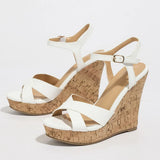 Vintage Grain Summer Ankle-strap Wedges Sandals Women Retro White High Heels Sandals Platform Sandals Comfy Walking Dress Shoes