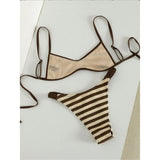 Striped Crochet Knitted Bikini Female Swimsuit Women Swimwear Two-Pieces Bikini Set High Leg Cut Bather Bathing Suit Swim V8225