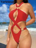 Sexy Tummy Cut Out Leopard Snakeskin Women Swimwear One Piece Swimsuit Female Halter High Cut Leg Bather Bathing Suit Swim V7972