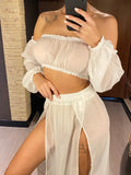 2026 Leopard Off Shoulder Long Sleeve 2 Pieces Set Beach Cover Up Cover-ups Beach Dress Beach Wear Beachwear Female Women V3728