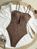 Leaves Printed Mesh Hollow Out Women Swimwear One Piece Swimsuit Female Monokini High Leg Cut Bather Slim Bathing Suit Swim Lady