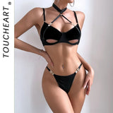 Toucheart 2-Piece Set Sexy Lingerie Women See-Through Halter Neck Comfortable Garter Socks Solid Color Hollow Out Underwear Set