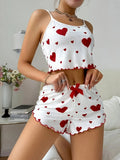 Sweet Heart Print Pajama Set for Women Cute Sleeveless Cami Top and Ruffle Shorts Soft Ribbed Knit Loungewear Adorable Pjs