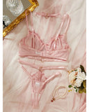 Toucheart Sexy Lingerie Comfortable Ultra-Thin Sexy Lace Printing Patchwork Mesh Semi-Transparent Push-Up Pink Underwear Set New