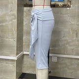 Women's Solid Color Slim Fit Cropped Trousers Summer Capri Pants with Side-Tie Waist Detail for Daily Leisure