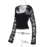 FDYOUI 2026 New Lace Patchwork Long Sleeve T-shirts for Women Square Collar See-through Slim Crop Tops White Black Tee Shirt