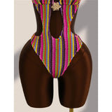 Striped Colorful Halter Cut Out One Piece Swimsuit Women Swimwear Female Monokini High Leg Cut Bather Bathing Suit Swim V8304