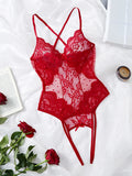 Crotchless Red Sexy Women's Underwear Lace Hollow Backless Bra Sets Teddy Erotic Costume Deep V Open Bra Bow Women Lingerie Set