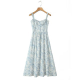 Bowknot Printed Women's Dresses Summer Casual Beach Strap Midi Dress Female Boho Light Blue Buttons Smocked Vestidos 2025