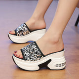 Wedge Heel Silver Sequin Sandals Women 2026 Fashion 9Cm Chunky Heeled Slippers Woman Plus Size 42 Thick Sole Platform Sandles