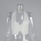 Elegant Halter Neck Backless White Tank Tops Women 2026 Summer Sexy Off Shoulder Buttons Crop Top High Street Lady Solid Vests