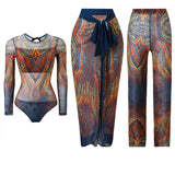 S - XXL 3PCS New Printed Long Sleeve With Pants Sarong Women Swimwear One Piece Swimsuit Female Bather Bathing Suit Swim K7180