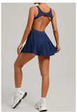 New Large Backless Tennis Dresses Women Solid Color Sleeveless Glare Pleated Yoga Skirt with Pocket Shorts Running Fitness Dress