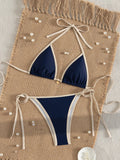 2026 Trendy String Bikini Set Triangle Top Side Tie Bottoms with Metallic Pendant  Solid Color Contrast Trim Women Swimwear