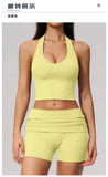2PCS Yoga Set Women V-neck Cross Neck Shock-absorbing Sports Vest Workout Pleate Flip High Waist Shorts Gym Runing Fitness Suits