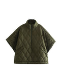 Quilted Argyle Coat Cape Rainproof Jacket Women Winter Jacket Army Green Casual Padded Loose Parkas Oversize Turtleneck Coat