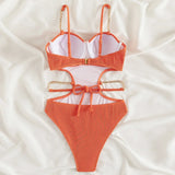 Sexy Push Up Underwire One Piece Swimsuit Women Solid Pink Metal Chain Hollow Out Ribbed Bathing Suit Backless Swimwear Monokini