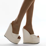 NASBAVI 2025 Fashion Peep Toe Wedges Heel Outside Women Slippers Concise PU Platform Slip on Summer Beach Mules Apricot 35-42