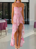 Women Summer Casual Tube Dress Fashion Solid Color/Floral Print High Low Ruffles Long Dresses with Scarf