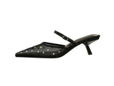 BIGTREE Crystal Mesh Fabric Pointed Toe Slippers Women Sexy Elegant Buckle Strap Party Prom Thin Low Heels Mule Shoes