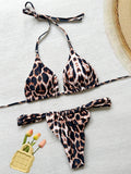 PU Pleated Ruched Bikinis Mini Micro Thong Bikini Women Swimwear Female Swimsuit Two-pieces Bikini Set Halter Bathing Suit Swim