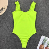 Ribbed Ruffled Frilled Trim Female Swimwear One Piece Swimsuit Women Monokini High Leg Cut Bathing Suit Swim Bodysuit Beach Wear