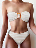 Striped Textured Bandeau Bikinis 2025 Women Sexy Swimsuit Push Up Swimwear Female Bathing Suit Swimming Summer Beachwear