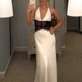 Summer Backless Sexy Long Dresses Women's Gown Patchwork Lace Halter V Neck Sleeveless High Waist Elegant Vestidos Para Mujer