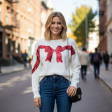 Fall Winter Women Comfy Cute Sweaters Casual Sequin Bow Print Warm Pullover Tops Basic Knitwear for Streetwear