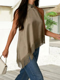 Women's Summer Solid Color Satin Halter Mock Neck Tops Sleeveless Tassel Hem Loose Fit Tank Tops